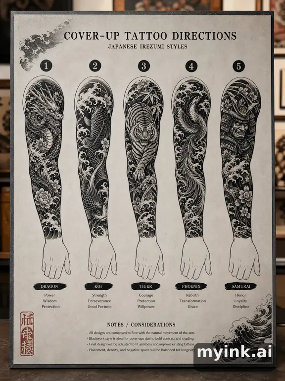 Cover-up tattoo planning board showing five blackwork directions β Japanese Tattoo Design reference image