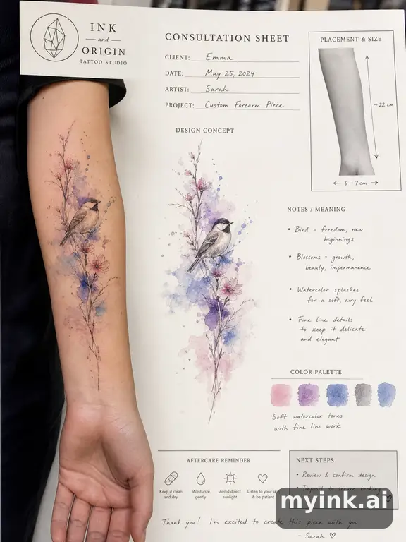 First tattoo consultation sheet with a fine-line forearm design and placement notes — Watercolor Tattoo Design reference image