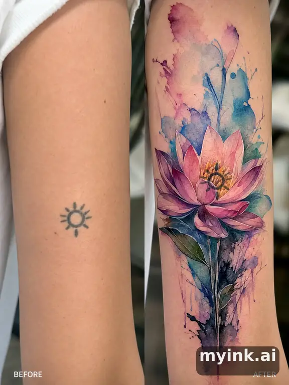 Before-and-after cover-up direction that absorbs an old small symbol — Watercolor Tattoo Design reference image