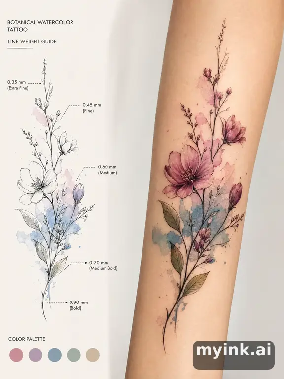 Clean stencil-ready botanical tattoo with line weight annotations — Watercolor Tattoo Design reference image