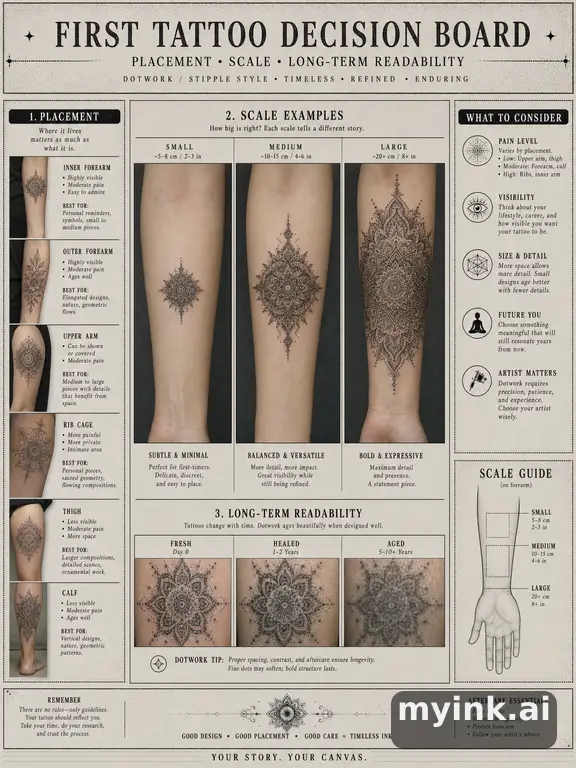 First tattoo decision board comparing placement — Dotwork Tattoo Design reference image