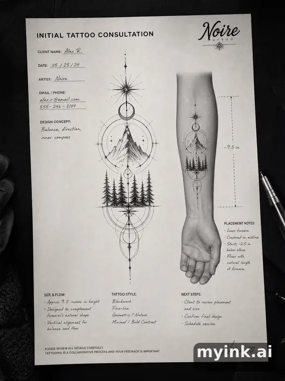 First tattoo consultation sheet with a fine-line forearm design and placement notes β Blackwork Tattoo Design reference image