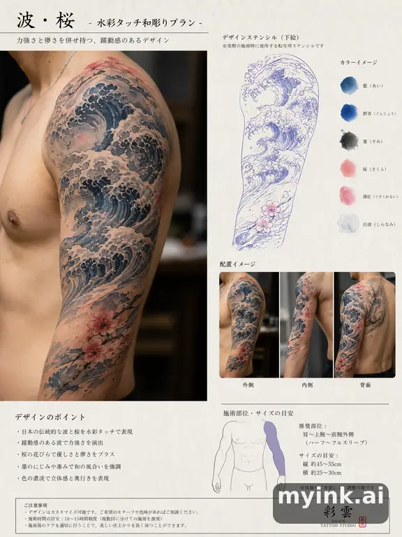 Consultation-ready Japanese wave tattoo plan with stencil and placement notes β Watercolor Tattoo Design reference image