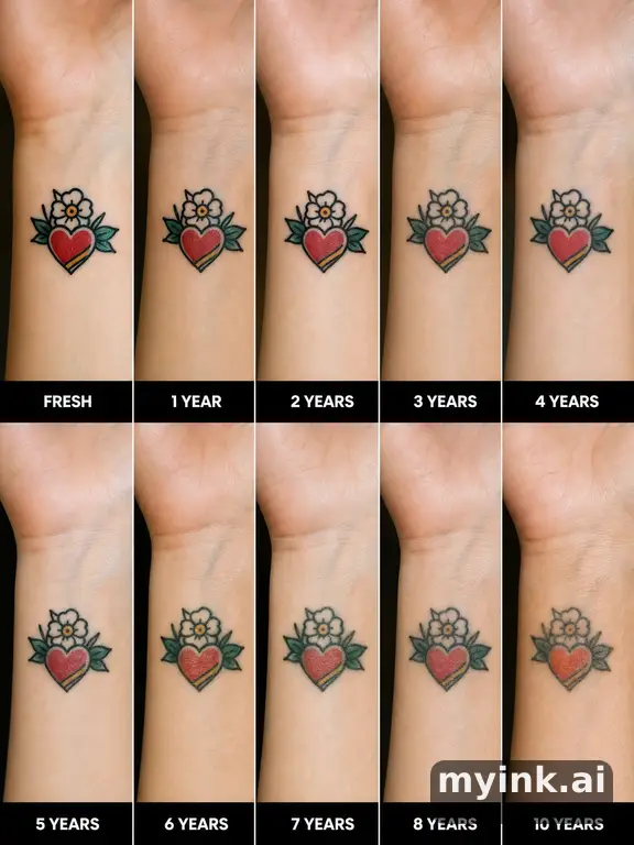 Tattoo aging comparison for a minimalist wrist design over ten years β Traditional Tattoo Design reference image