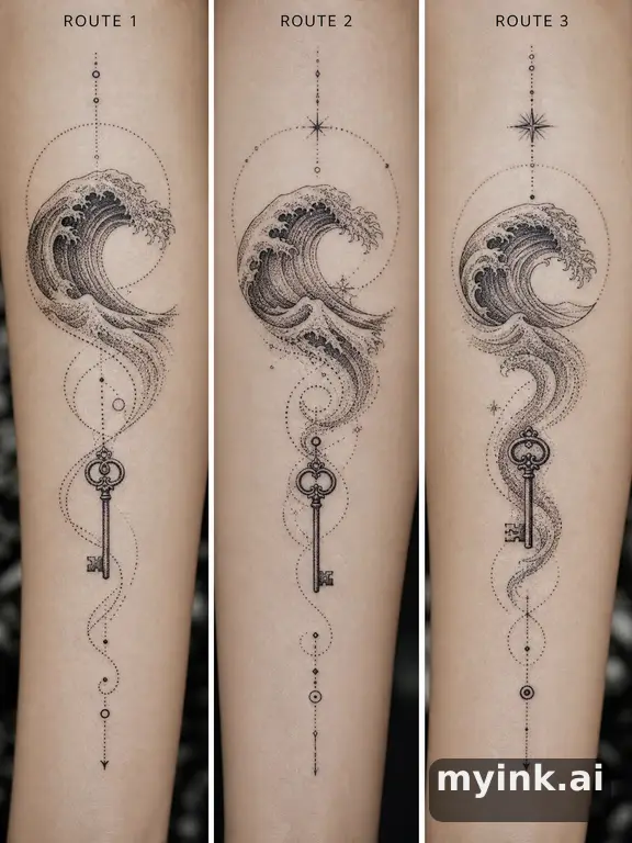 Three symbolic memorial tattoo routes based on ocean waves and a small key β Dotwork Tattoo Design reference image