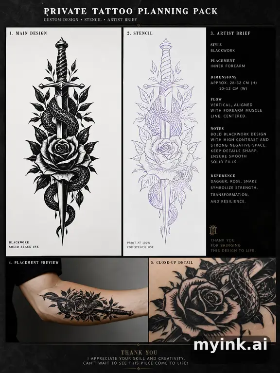Private tattoo planning pack layout with main design β Blackwork Tattoo Design reference image