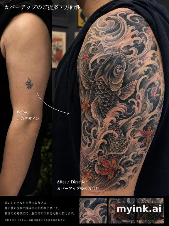 Before-and-after cover-up direction that absorbs an old small symbol β Japanese Tattoo Design reference image