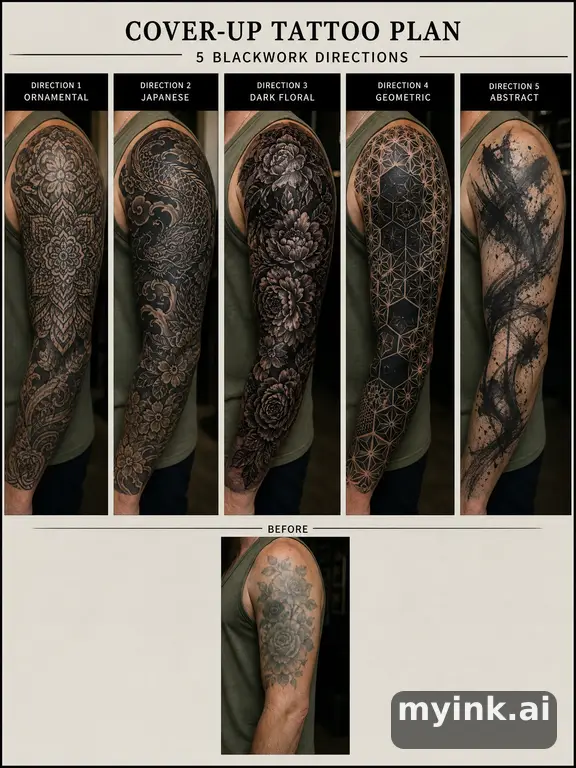 Cover-up tattoo planning board showing five blackwork directions β Realistic Tattoo Design reference image