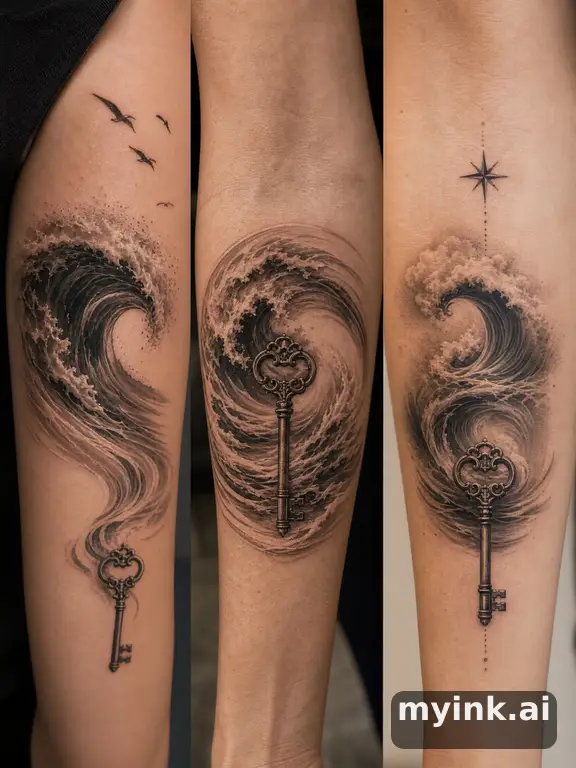 Three symbolic memorial tattoo routes based on ocean waves and a small key β Realistic Tattoo Design reference image