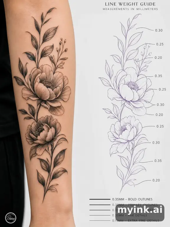 Clean stencil-ready botanical tattoo with line weight annotations β Realistic Tattoo Design reference image