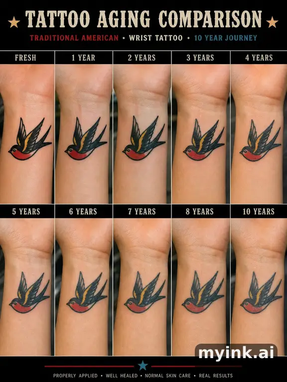 Tattoo aging comparison for a minimalist wrist design over ten years β Traditional Tattoo Design reference image
