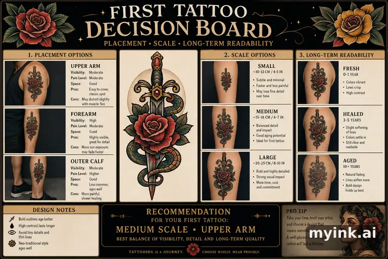 First tattoo decision board comparing placement — Neotraditional Tattoo Design reference image