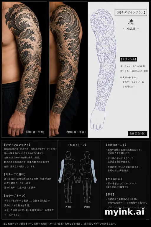 Consultation-ready Japanese wave tattoo plan with stencil and placement notes — Japanese Tattoo Design reference image
