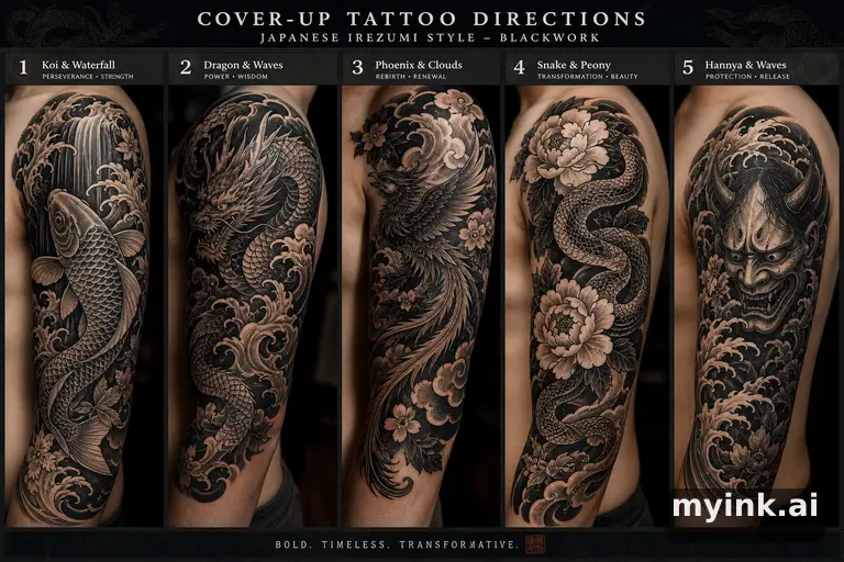 Cover-up tattoo planning board showing five blackwork directions — Japanese Tattoo Design reference image