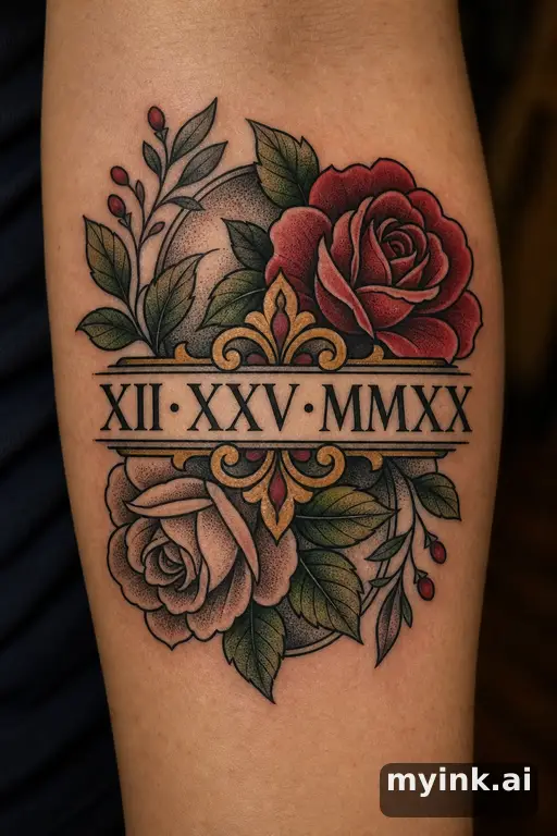 Meaningful date in roman numerals with subtle dotwork shading — Neotraditional Tattoo Design reference image