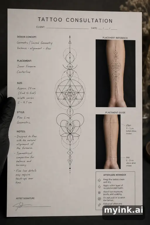 First tattoo consultation sheet with a fine-line forearm design and placement notes — Geometric Tattoo Design reference image