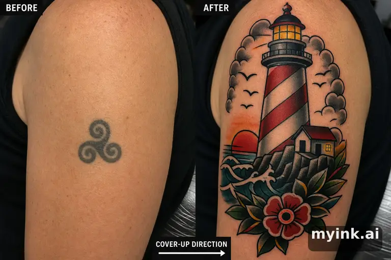 Before-and-after cover-up direction that absorbs an old small symbol — Traditional Tattoo Design reference image