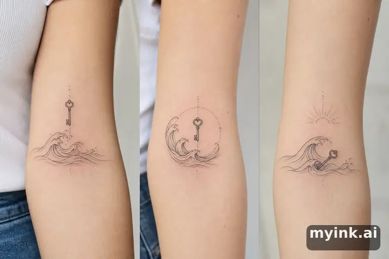 Three symbolic memorial tattoo routes based on ocean waves and a small key — Minimalist Tattoo Design reference image