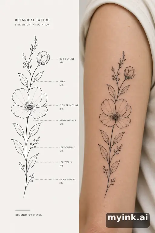 Clean stencil-ready botanical tattoo with line weight annotations — Minimalist Tattoo Design reference image