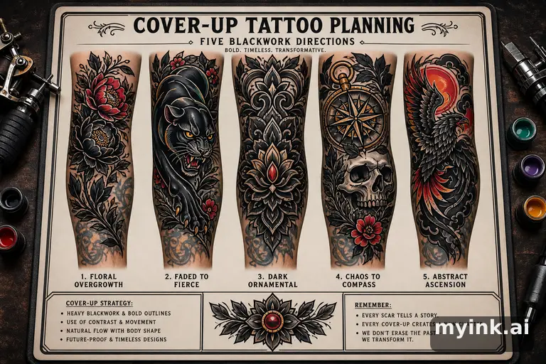Cover-up tattoo planning board showing five blackwork directions — Neotraditional Tattoo Design reference image