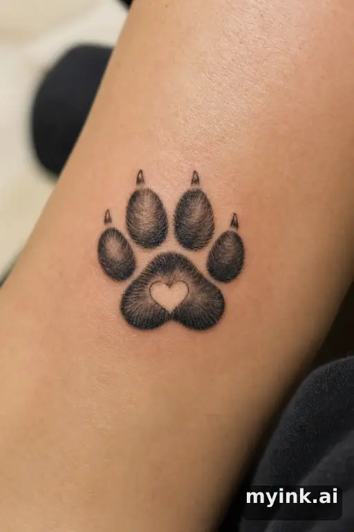 Pet paw print with a small heart inside — Realistic Tattoo Design reference image