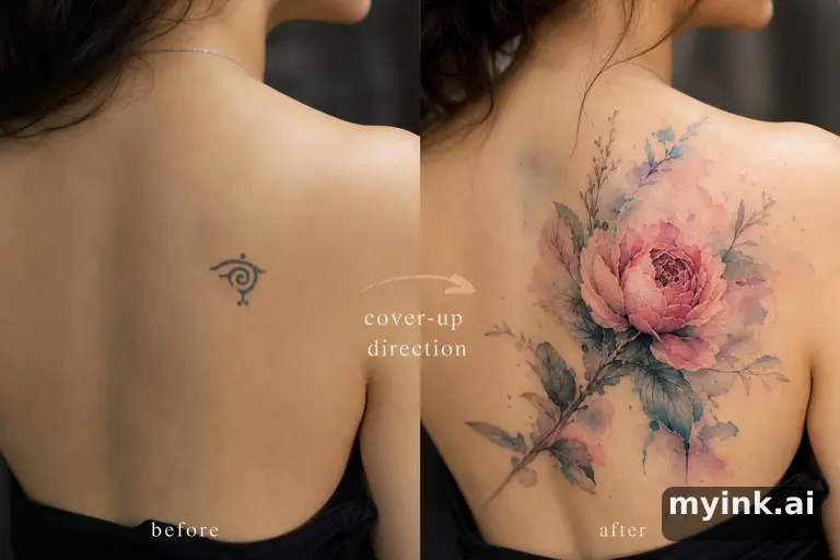 Before-and-after cover-up direction that absorbs an old small symbol — Watercolor Tattoo Design reference image
