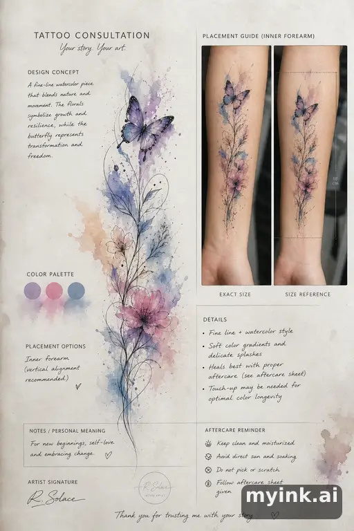 First tattoo consultation sheet with a fine-line forearm design and placement notes — Watercolor Tattoo Design reference image