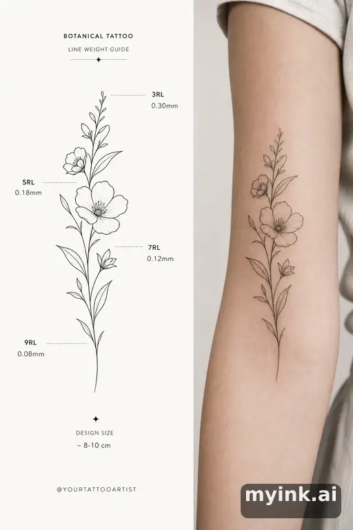 Clean stencil-ready botanical tattoo with line weight annotations — Minimalist Tattoo Design reference image