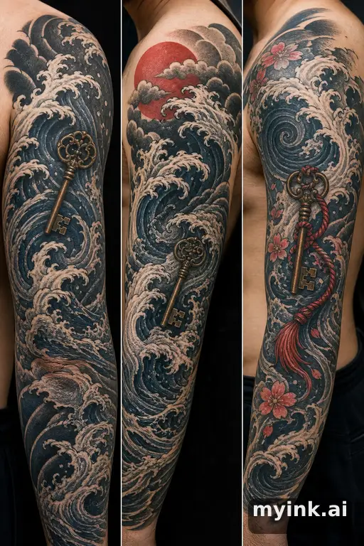Three symbolic memorial tattoo routes based on ocean waves and a small key — Japanese Tattoo Design reference image