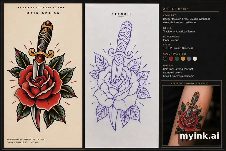 Private tattoo planning pack layout with main design — Traditional Tattoo Design reference image