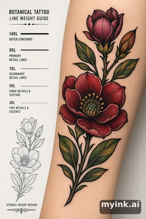 Clean stencil-ready botanical tattoo with line weight annotations — Neotraditional Tattoo Design reference image
