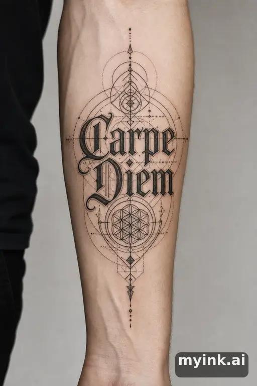 Phrase 'Carpe Diem' in vintage lettering — Geometric Tattoo Design reference image