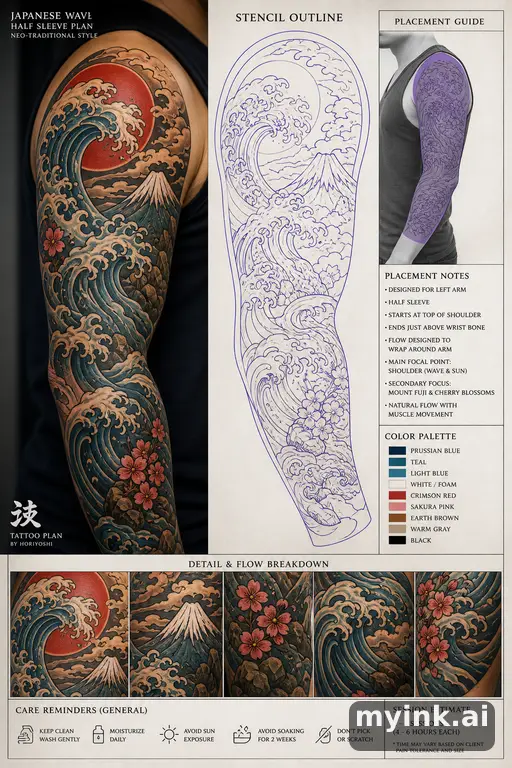 Consultation-ready Japanese wave tattoo plan with stencil and placement notes — Neotraditional Tattoo Design reference image