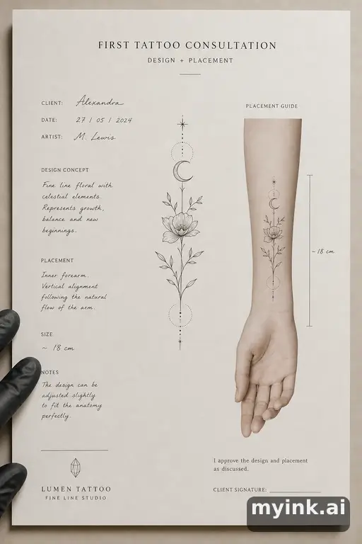 First tattoo consultation sheet with a fine-line forearm design and placement notes — Minimalist Tattoo Design reference image