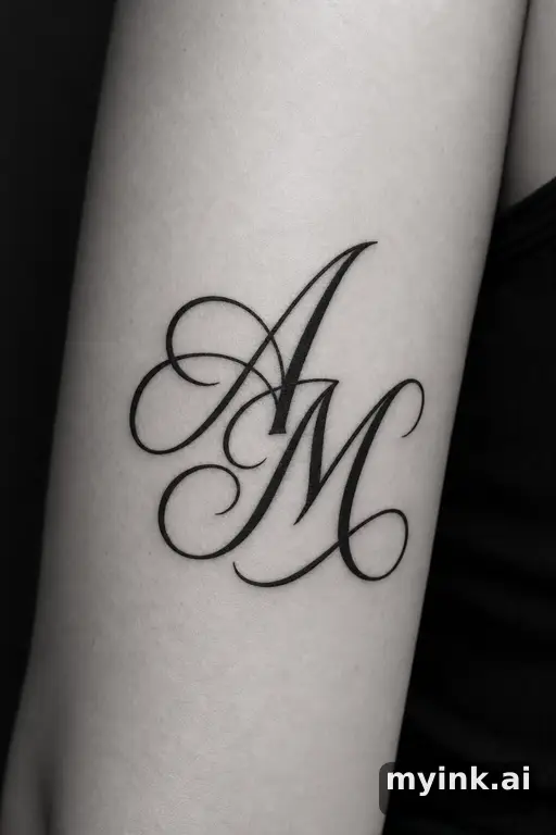 Elegant intertwined initials in fine-line calligraphy script — Blackwork Tattoo Design reference image