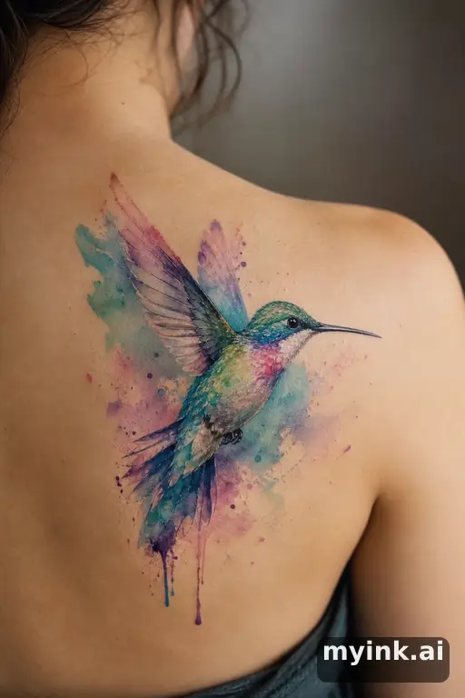 Hummingbird in flight — Watercolor Tattoo Design reference image