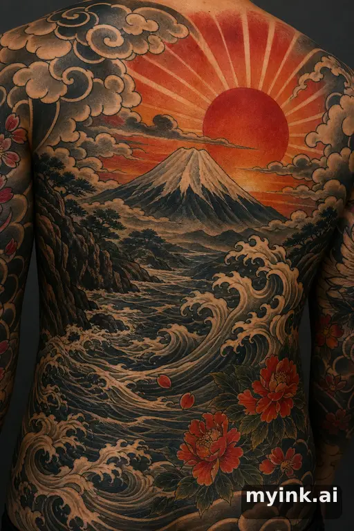Sunrise over mountains — Japanese Tattoo Design reference image