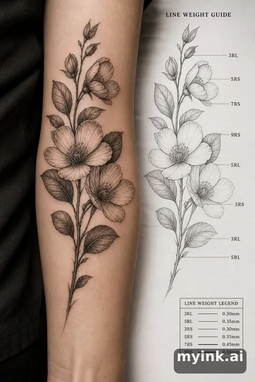 Clean stencil-ready botanical tattoo with line weight annotations — Realistic Tattoo Design reference image
