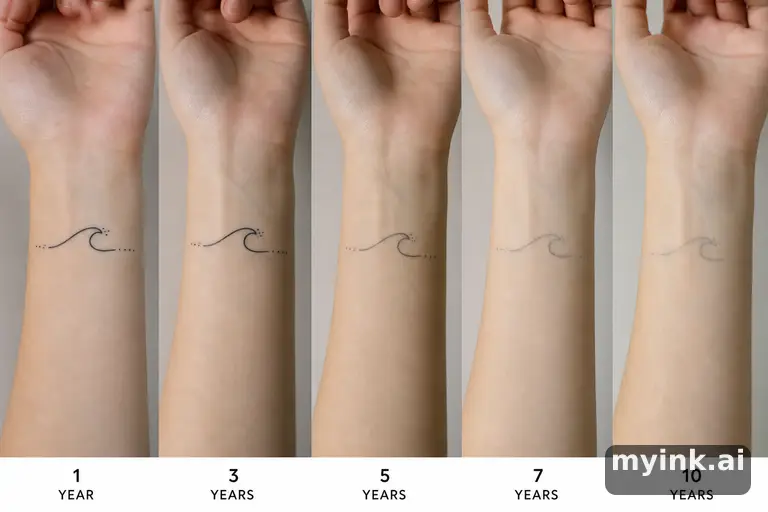 Tattoo aging comparison for a minimalist wrist design over ten years — Minimalist Tattoo Design reference image