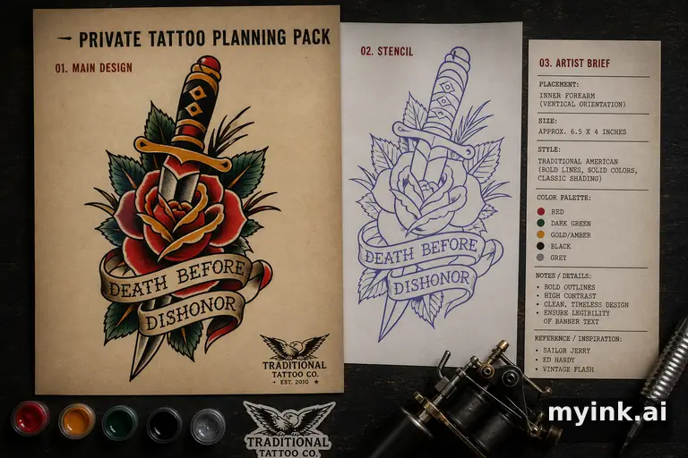 Private tattoo planning pack layout with main design — Traditional Tattoo Design reference image