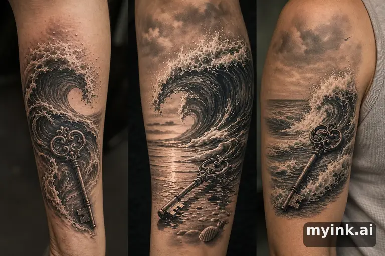 Three symbolic memorial tattoo routes based on ocean waves and a small key — Realistic Tattoo Design reference image