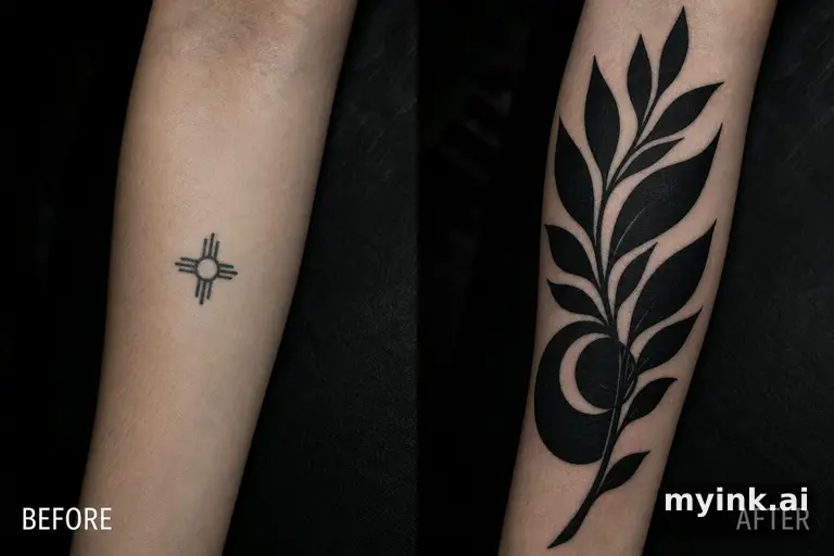 Before-and-after cover-up direction that absorbs an old small symbol — Blackwork Tattoo Design reference image