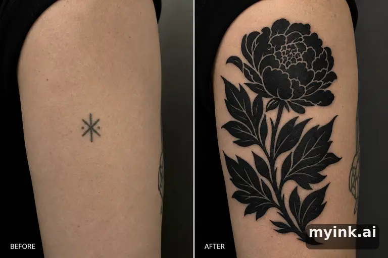 Before-and-after cover-up direction that absorbs an old small symbol — Blackwork Tattoo Design reference image