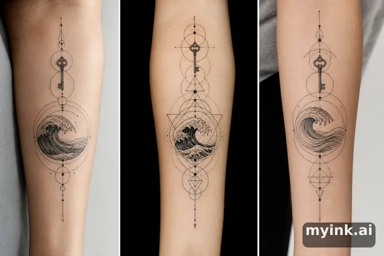 Three symbolic memorial tattoo routes based on ocean waves and a small key — Geometric Tattoo Design reference image