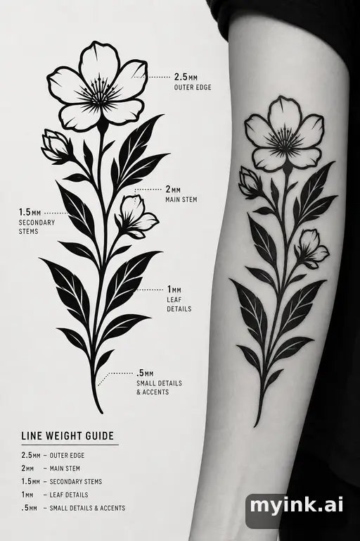 Clean stencil-ready botanical tattoo with line weight annotations — Blackwork Tattoo Design reference image