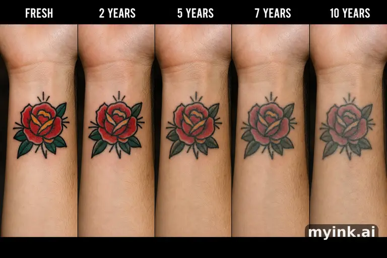 Tattoo aging comparison for a minimalist wrist design over ten years — Traditional Tattoo Design reference image