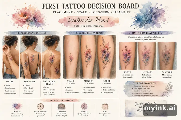 First tattoo decision board comparing placement — Watercolor Tattoo Design reference image