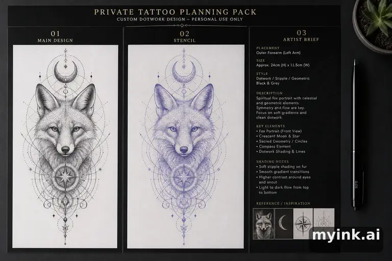 Private tattoo planning pack layout with main design — Dotwork Tattoo Design reference image