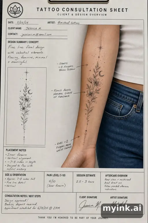 First tattoo consultation sheet with a fine-line forearm design and placement notes — Realistic Tattoo Design reference image
