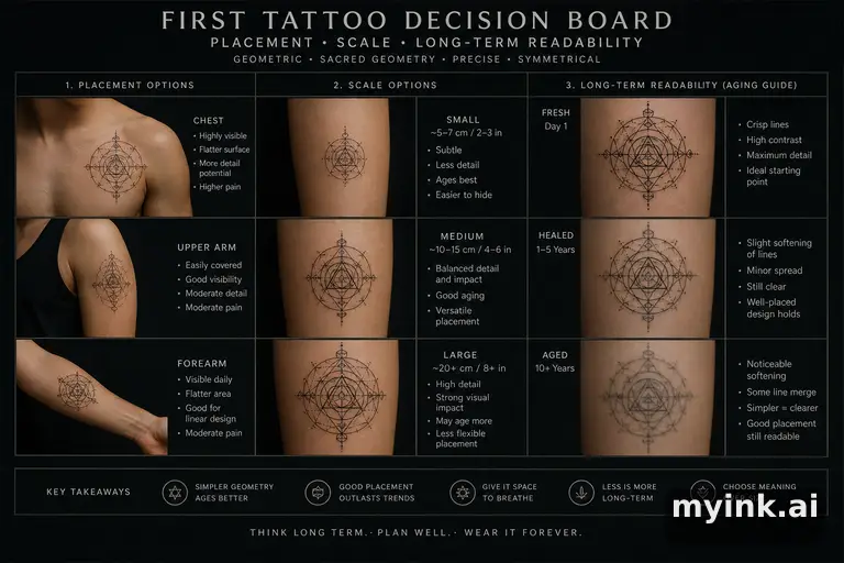 First tattoo decision board comparing placement — Geometric Tattoo Design reference image